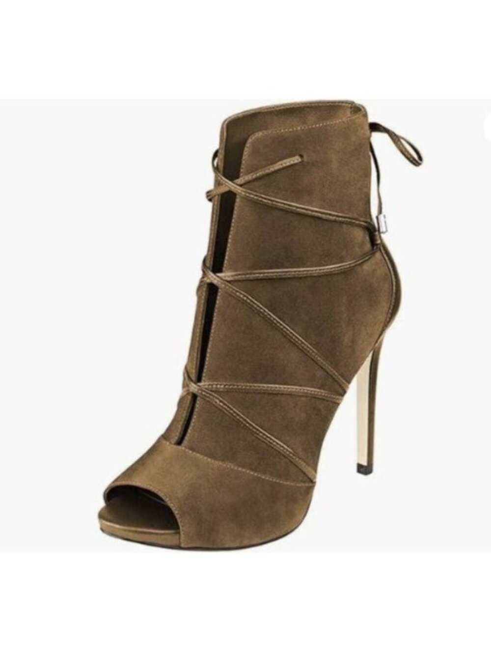 YDN Women Peep Toe Faux Suede Ankle Booties Stiletto High Heels Lace Up Brown